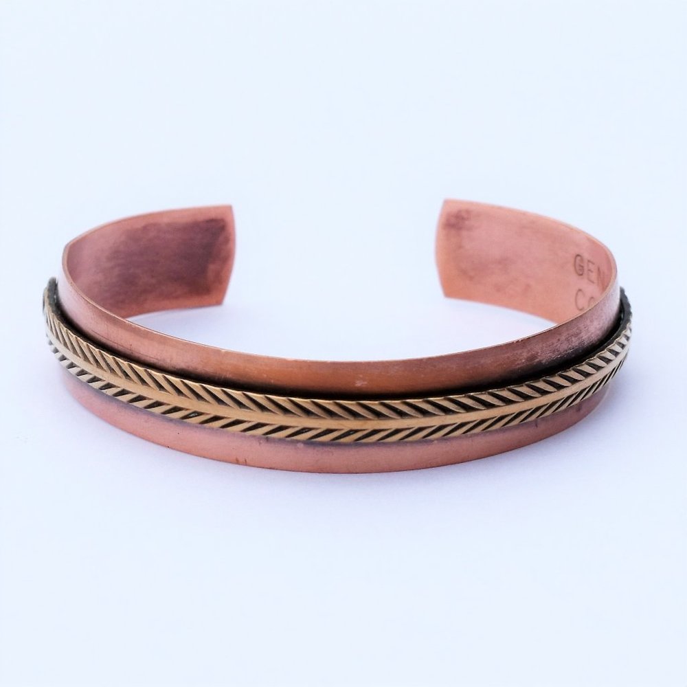 Vintage Native Copper Brass Feather Cuff Bracelet